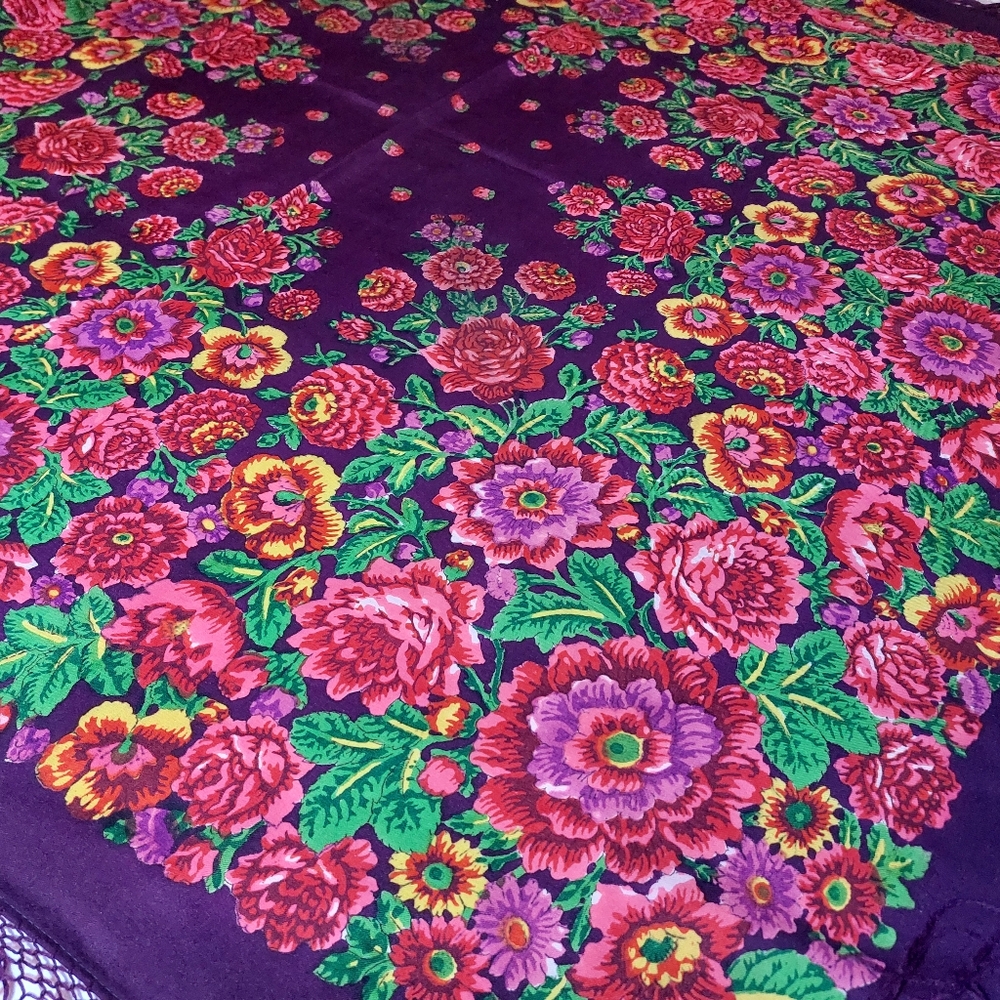 Shawl Russian Pavlovo Posad Floral  Scarf Wool Vintage Large Babushka Folk Print